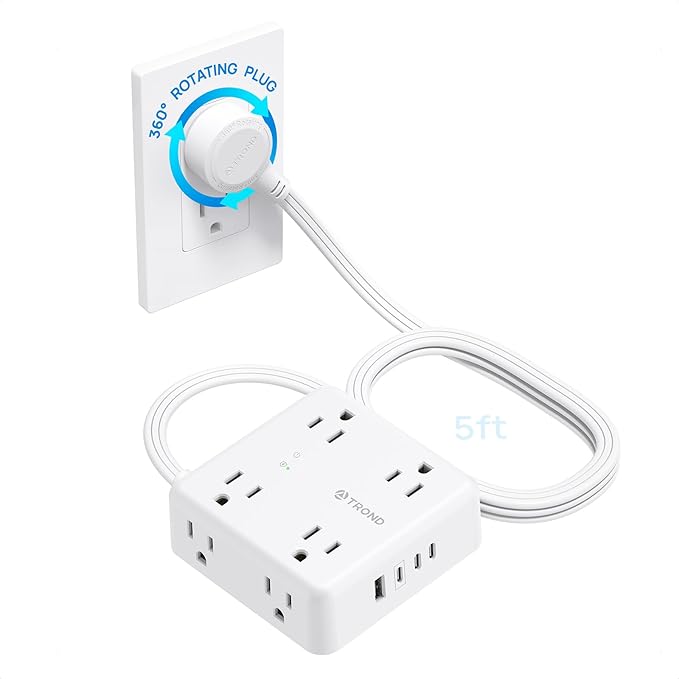 TROND Power Strip, 360° Rotating Flat Plug, 8 Widely Spaced Outlets, 3C1U, Flat Plug Extension Cord 5ft, 1440J Surge Protector for Home Office, White
