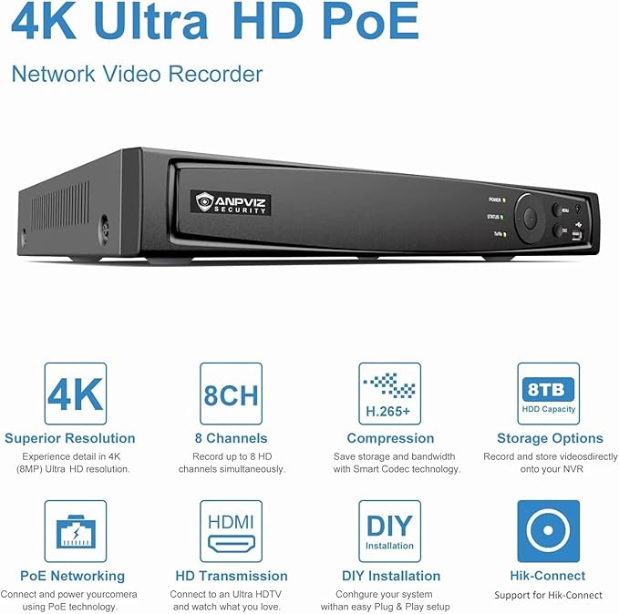 Anpviz AI 12MP 8CH POE NVR (12MP/8MP/6MP/5MP/4MP) Smart AI POE Network Video Recorder - Supports up to 8 x 12MP POE Cameras, 8-Channel Power Over Ethernet (Not Included HDD) NVR7608Q1-8P (H Series)