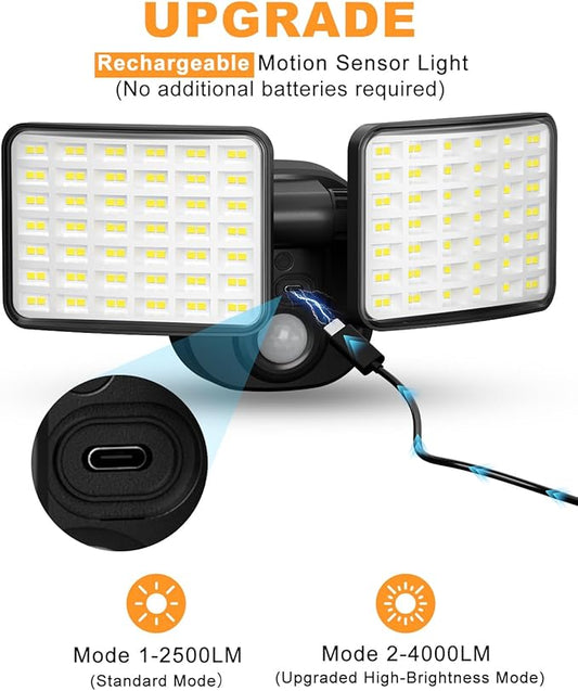 Rechargeable Motion Sensor Outdoor Light, Battery Operated Lights with 2500LM & 4000LM Dual Modes, USB Charging Wireless Flood Light, Waterproof LED Security Lights for Garage, Yard, Shed, Porch