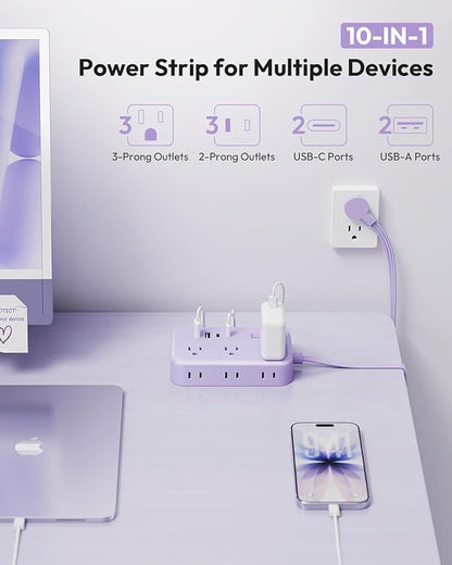 Purple Extension Cord Surge Protector Power Strip with 6 Outlets 4 USB Ports(20W), Flat Extension Cord with Multiple Outlets, 5 ft Flat Plug Outlet Extender for Indoor, Office