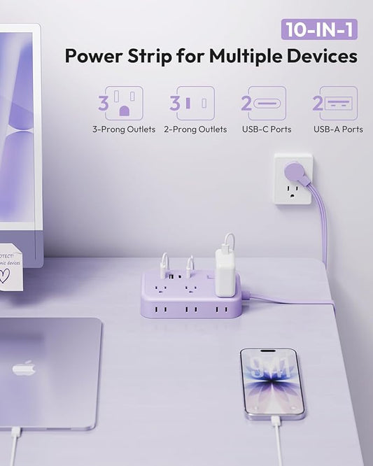 Purple Extension Cord Surge Protector Power Strip with 6 Outlets 4 USB Ports(20W), Flat Extension Cord with Multiple Outlets, 5 ft Flat Plug Outlet Extender for Indoor, Office
