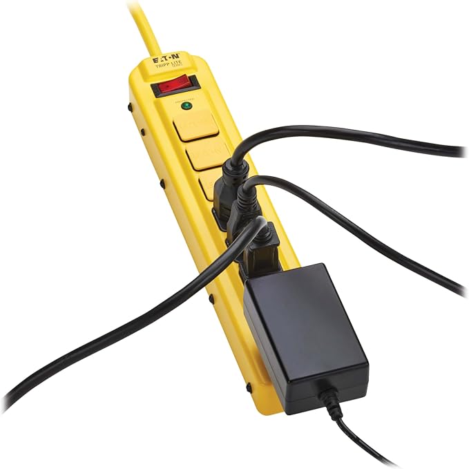 Eaton Tripp Lite Series TLM704SA Heavy Duty Power Strip with Surge Protection, 7 Outlets, 450 Joules, 4ft Cord, Yellow Metal Housing, Under Desk & Wall Mountable, Cord Wrap, Industrial Garage Shop