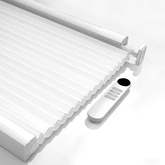 Boolegon No Drill Motorized Cellular Blinds with Remote Motorized Blackout Honeycomb Blinds for Indoor Windows Easy to Install Automatic Cellular Shades for Home,Light Filtering White,Custom Size