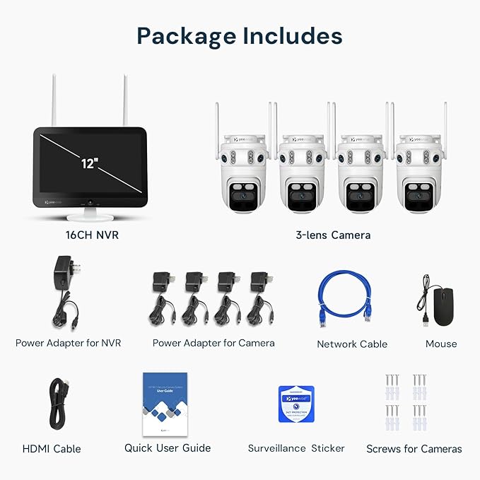 yeewise Triple Lens Wireless Security Camera System with 12" Monitor, 180° Wide View + 360° PTZ AI Tracking, WiFi 6, 16CH NVR, 24/7 Recording, 500GB HDD, No Monthly Fee, Plug-in Power