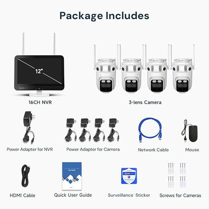 yeewise Triple Lens Wireless Security Camera System with 12" Monitor, 180° Wide View + 360° PTZ AI Tracking, WiFi 6, 16CH NVR, 24/7 Recording, 500GB HDD, No Monthly Fee, Plug-in Power