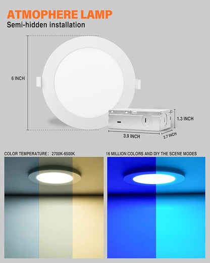 12Pack 6Inch Smart LED RGB Recessed Lighting ,Color Changing Canless Downlight,2700K-6500K, 2.4GHz Wi-Fi & Bluetooth,12W 1200lm,Works with Tuya App,Alexa & Google Assistant,Gateway Included
