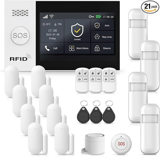 PGST Home Alarm System,4.3in WiFi+4G Touch Screen Siren No Monthly Fees | 21Pcs DIY Alarm System,No Pairing Required + Quick Installation,Instant App Alerts & Auto Alarm Dial,Compatible with Alexa