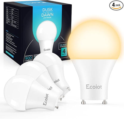 GU24 Dusk to Dawn Outdoor Light Bulbs,Light Sensor A19 LED Bulbs,Photocell Sensor, Automatic On/Off for Indoor/Outdoor Security Lighting,10Watt(90Watt Equivalent),2700K Soft White,4 Pack