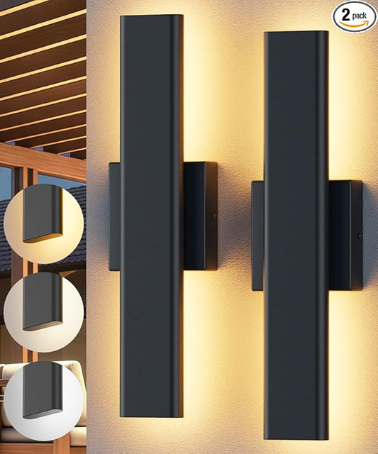 Aipsun 2 Packs Outdoor Wall Sconce, 3000K 4000K 6000K, 15.75in Modern Black Exterior Light, Long LED Linear Wall Light Outside Lighting for Entrance, Hallway, Garage, Porch(3CCT)