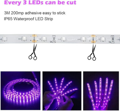 LED UV Black Light Strip Kit, 16.4FT/5M Ultraviolet Waterproof IP65 3528 300LEDs, 395nm-405nm Blacklight for DJ Bar Club Party Decor Night Fishing with 12V Power Supply