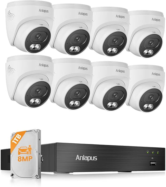 Anlapus 4K Security Camera System, 8pcs 8MP Wired Dome Cameras, 1TB HDD