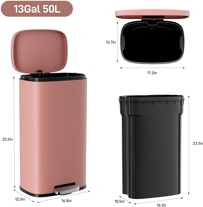Arlopu 8/13.2 Gallon Step Trash Can, Stainless Steel Garbage Bin, Soft-Close Rubbish Bin with Removable Plastic Inner Bucket, Fingerprint-Proof, Lid Dustbin, Suit for Kitchen Home (Pink, 50L)