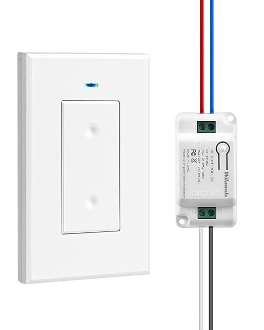 Wireless Light Switch and Receiver Kit, WILAWELS Wireless On Off Switches for Ceiling Light, Lamp, Moveable Remote Wall Switch, 100FT RF Range, No in-Wall Wiring Required, Pre-Programmed W06RC1106
