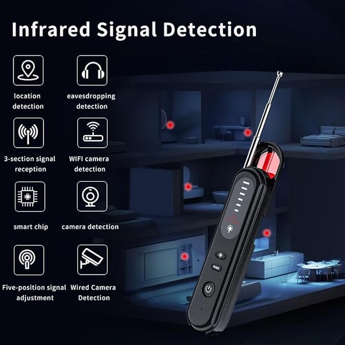 Anti-Spy Hidden Camera Detector 6-in-1, GPS Tracker & Bug Detector, RF Signal Scanner, Rechargeable Privacy Protector for Travel, Hotel, Home, Office & Car (Black)