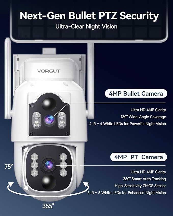 Dual Lens Solar Security Cameras Wireless Outdoor, 4MP 360° Pan/Tilt WiFi Camera with Auto Tracking, Color Night Vision, PIR Alarm, Two-Way Audio, Easy Install for Home Security