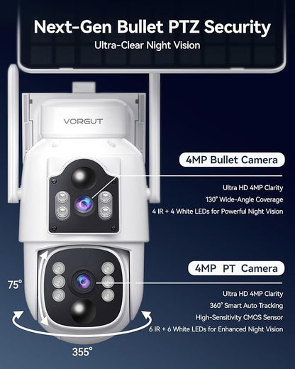 Dual Lens Solar Security Cameras Wireless Outdoor, 4MP 360° Pan/Tilt WiFi Camera with Auto Tracking, Color Night Vision, PIR Alarm, Two-Way Audio, Easy Install for Home Security