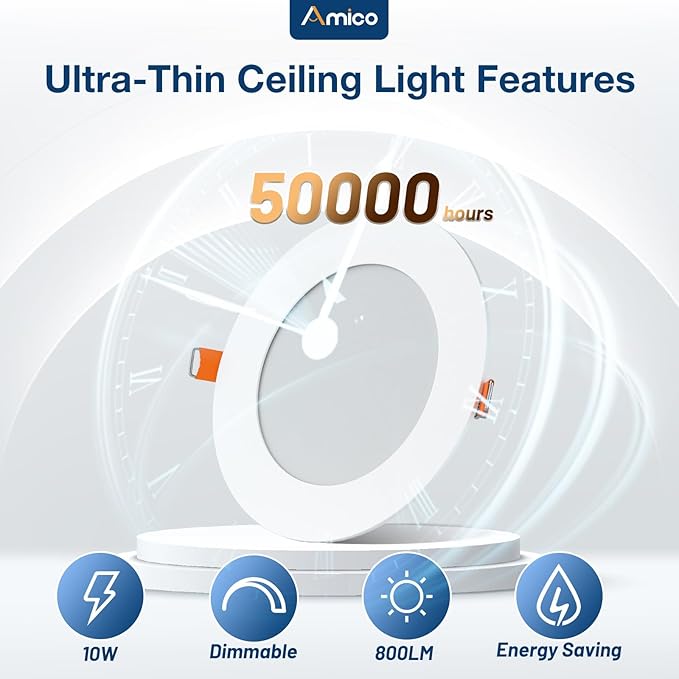 Amico 4 Pack 4 Inch 5CCT Ultra-Thin LED Recessed Dimmable Ceiling Light with Junction Box, 2700K/3000K/3500K/4000K/5000K Selectable, 10W Eqv 60W, 800Lumens, High Brightness Downlight - ETL&FCC