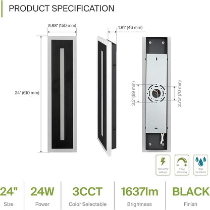 ASD LED 24" Long Wall Mount Light Fixture, Outdoor & Indoor Linear Sconce | 3CCT, Dimmable, Waterproof, Anti-Rust, ETL Listed | 24W 1630LM 3000-5000K 100-277V | Exterior Porch Lighting | Black