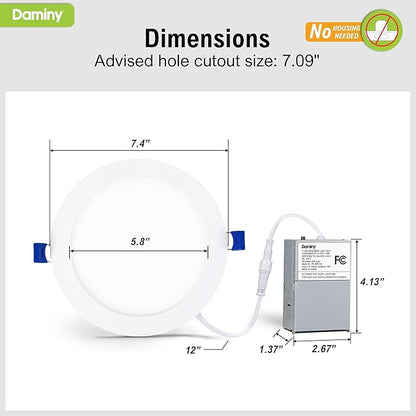 DAMINY 12 Pack 7 Inch LED Recessed Lighting with Junction Box,5CCT,Ultra-Thin Recessed Light,15W 1300LM, Dimmable Canless Wafer Ceiling Light, High Brightness