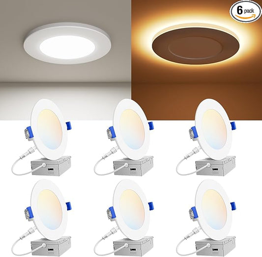 VOLISUN 6 Pack 4 Inch 5CCT Recessed Light with Night Light,Canless LED Recessed Lighting 4 inch,2700K-5000K Selectable,9.5W=80W,810LM Dimmable Recessed Ceiling Wafer Light,ETL Certificated