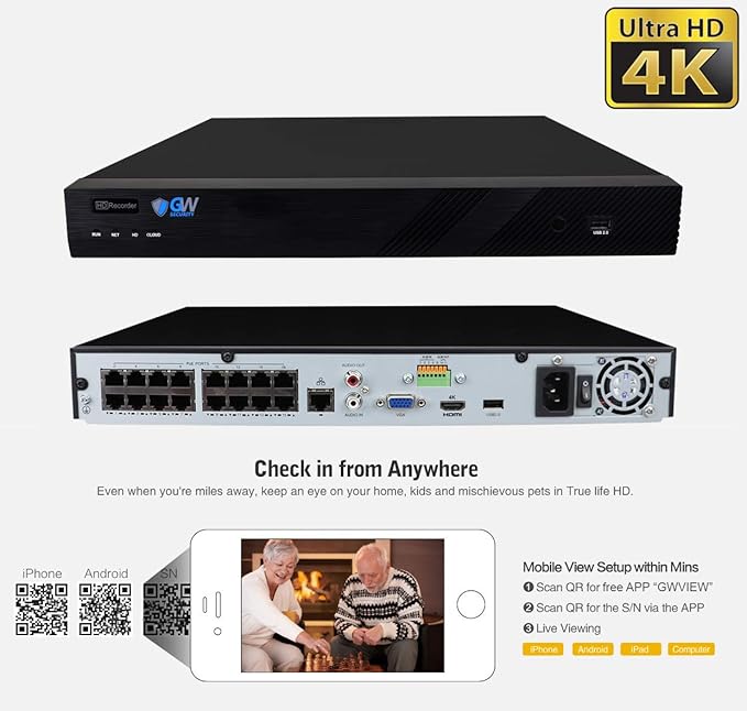 GW Security 16 Channel 4K NVR 5MP H.265 IP Surveillance Security Camera System with 12-Piece Super HD 1920P Weatherproof PoE Security Dome Cameras, AI Human Detection