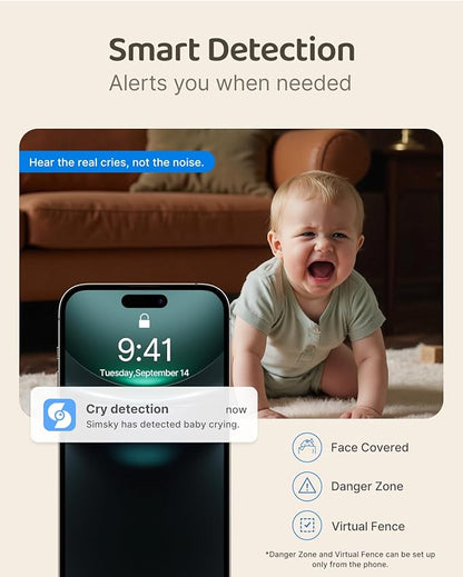 Simsky Smart Baby Monitor with 2×4MP Camera, 6X Optical Quality Zoom, 32GB Local Storage, AI Tracking, Intelligence Detection, Pan-Tilt-Zoom, Add-on Camera Monitor