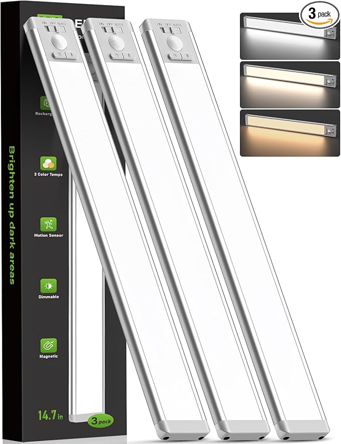 MCGOR 3 Pack 14.7inch Under Cabinet Lighting, Rechargeable Motion Sensor Light Indoor with 3 Color Temps, Dimmable Magnetic Led Closet Lights, Wireless Under Counter Lights for Kitchen, Stairs