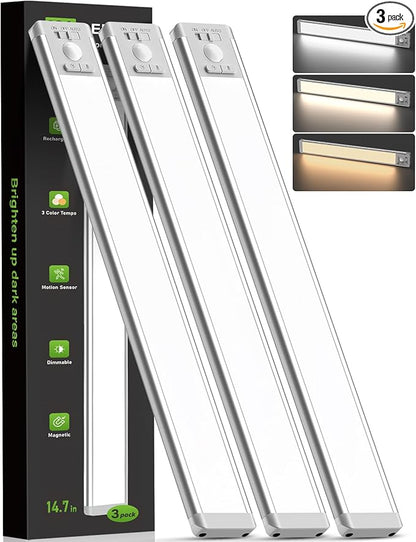 MCGOR 3 Pack 14.7inch Under Cabinet Lighting, Rechargeable Motion Sensor Light Indoor with 3 Color Temps, Dimmable Magnetic Led Closet Lights, Wireless Under Counter Lights for Kitchen, Stairs