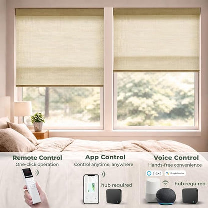 ZSHINE Motorized Linen-Look Roller Shades for Windows, Rechargeable Smart Light Filtering Blinds Compatible with Alexa (82189A)