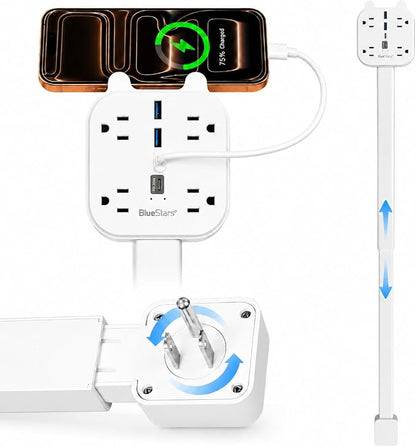 Electrical Outlet Extender Stick, 360° Rotating Wall Outlet Expander with 4 AC Outlets, USB-C PD 20W Fast Charging, 2 USB-A & 2 USB-C Ports, 18"-27" Adjustable Power Strip for Hard-to-Reach Outlets