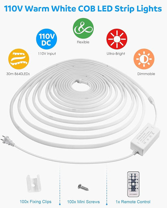 Aclorol 100FT Outdoor COB LED Strip Lights Waterproof Warm White 1 Roll AC 110V-120V Flexible Dimmable LED Lights Strip with Remote High Density COB LED Rope Light for Garden Commercial Building 3000K