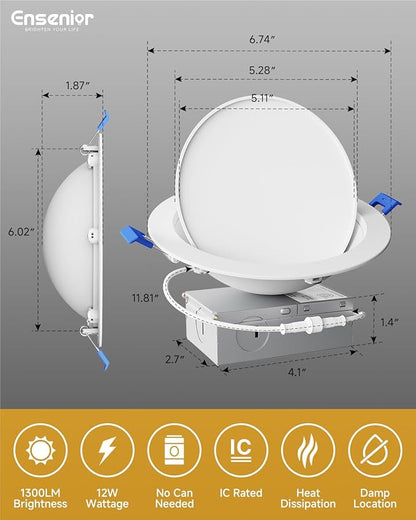 Ensenior 4 Pack 6 inch 5CCT LED Eyeball Recessed Lighting, 360°+90° Rotatable, Dimmable Gimbal Recessed Lights, CRI90+, Canless Angled Adjustable Ceiling Downlight, 1300LM, 12W=115W, 120V - ETL&FCC
