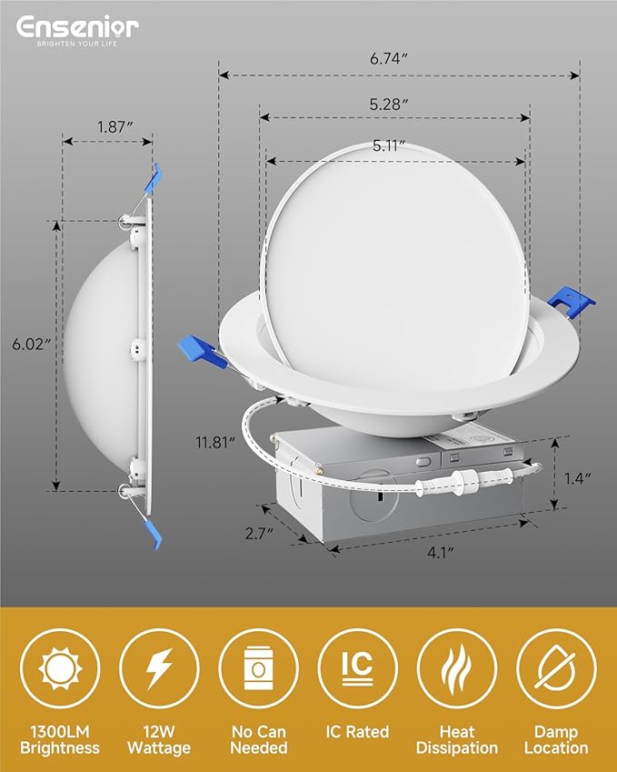 Ensenior 12 Pack 6 inch 5CCT LED Eyeball Recessed Lighting, 360°+90° Rotatable, Dimmable Gimbal Recessed Lights, CRI90+, Canless Angled Adjustable Ceiling Downlight, 1300LM, 13W=115W, 120V - ETL&FCC