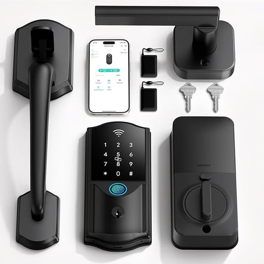 Built-in WiFi Smart Lock with Handle Set - Firstriver Fingerprint Keyless Entry Door Lock for Front Door, App Control, Digital Keypad Deadbolt, Auto Lock, Compatible with Alexa & Google Assistant