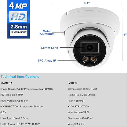Real HD 4MP Full Color Night Vision PoE IP Turret Dome Camera, 2.8mm Wide Angle, H.265, CCTV Security Camera Outdoor Rated Waterproof IP66,NDAA Compliant