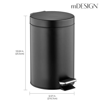 mDesign Pedal Bin — Metal Waste Bin with Pedal, Lid and Plastic Bucket Insert — for Bathroom, Kitchen, and Office — 3 Litre Household Rubbish Bin with Ergonomic Design — Black