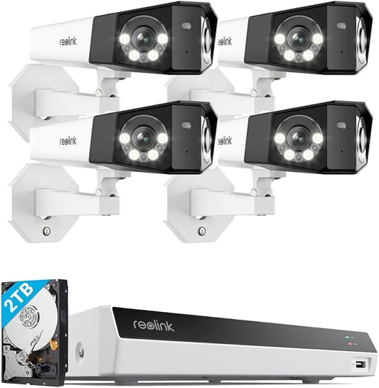 REOLINK 4K PoE Security Camera System, IP Outdoor Cameras 4X Duo 2 PoE with 1x RLN8-410 White (Built-in 2TB HDD) Video Recorder