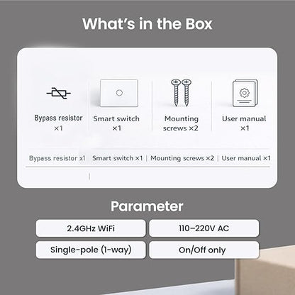 Smart Switch 118X72X34MM Neutral/No Neutral Wire Required, 2.4GHz Wi-Fi,Compatible with Alexa and Google Home 220V, White 1 Gang 1 Pack