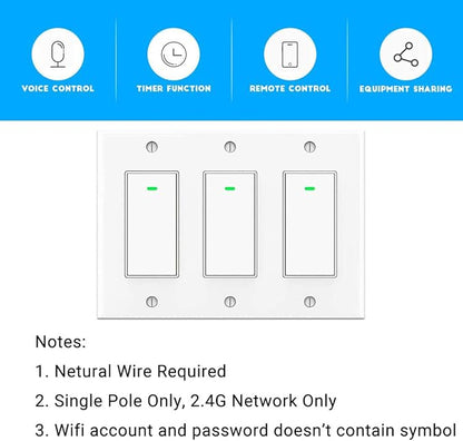 Lesim Smart 3 Gang WiFi Light Switch, 2.4GHz, Compatible with Alexa, Google Home, White, Push Button, Automatically/Smart Switch Operation