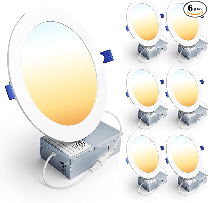 Ensenior 6 Pack 7 Inch LED Recessed Ceiling Light, Dimmable, 2700K-5000K 5CCT, 1300LM 15W 120V, High Brightness Canless Wafer Downlight