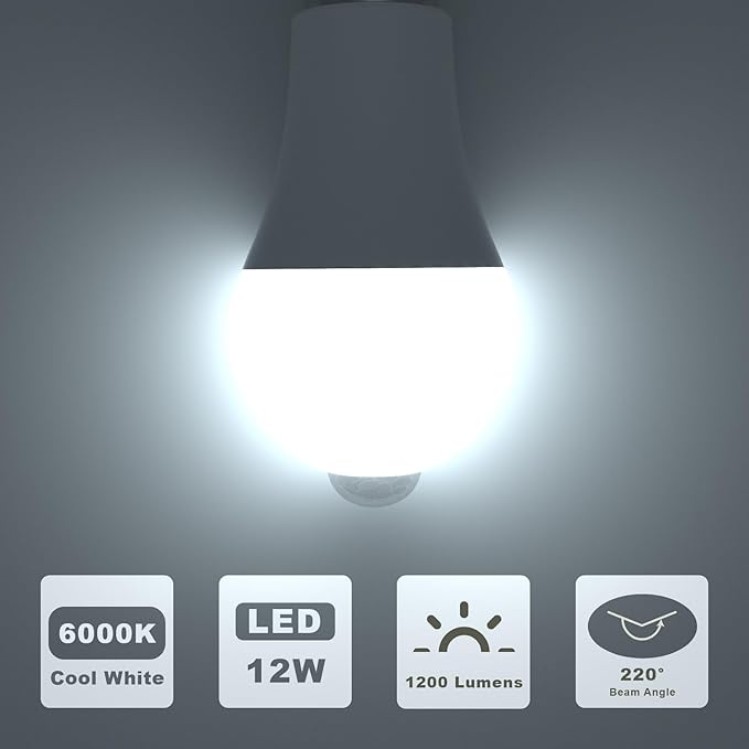 ORALUCE Motion Sensor Light Bulbs Indoor Outdoor 100 watt Equivalent, 12W Motion Activated Light Bulb 6000K Cool White, A19 E26 LED Light Bulb for Garage, Porch, Hallway, Stairs, Front Door, 2 Pack