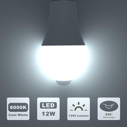 ORALUCE Motion Sensor Light Bulbs Indoor Outdoor 100 watt Equivalent, 12W Motion Activated Light Bulb 6000K Cool White, A19 E26 LED Light Bulb for Garage, Porch, Hallway, Stairs, Front Door, 2 Pack
