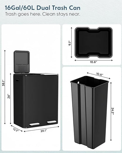 Arlopu 16Gal Dual Trash Can w/2 Built-in Box for Odor Control, Hands-Free Kitchen Garbage Bin, Recycle Waste Dustbin, Soft-Close Lid, 2 Buckets,Foot Pedal, Side Handle, Airtight,for Home (Black)