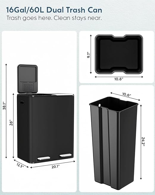 Arlopu 16Gal Dual Trash Can w/2 Built-in Box for Odor Control, Hands-Free Kitchen Garbage Bin, Recycle Waste Dustbin, Soft-Close Lid, 2 Buckets,Foot Pedal, Side Handle, Airtight,for Home (Black)