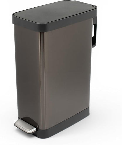 Glad Stainless Steel Slim Trash Can with Clorox Odor Protection - Narrow Kitchen Garbage Bin with Soft Close Lid, Step On Foot Pedal and Waste Bag Roll Holder, Pewter, 12 Gallon/45 Liter