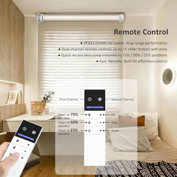 Matter Over Thread Smart Roller Shade Motor, 2600mAh Battery Powered Blind Motor Kit for 1.5" Tube, DIY Motorized Blinds with Remote Control, Compatible with HomeKit, Alexa, Google Home, SmartThings