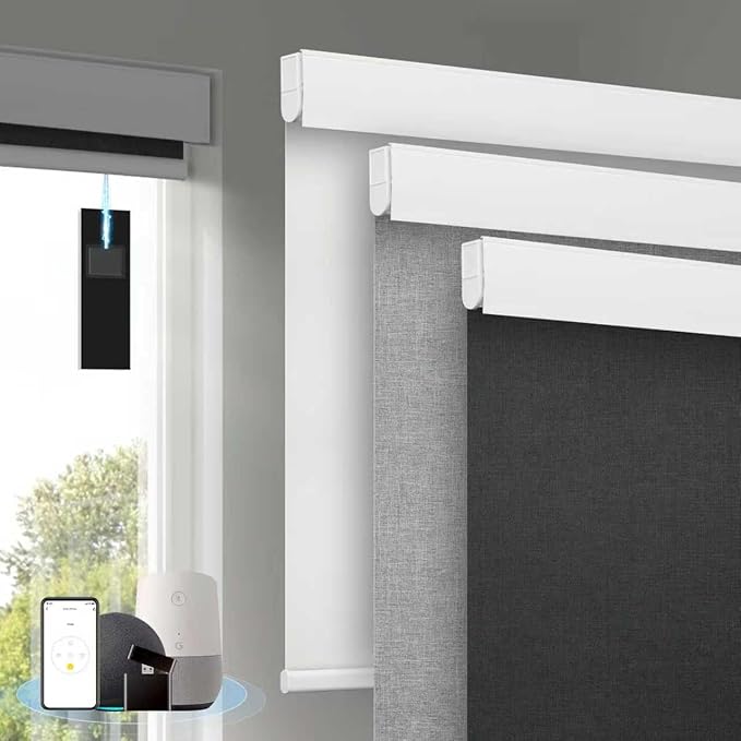 Motorized Blinds with Remote, [Free Solar Panels] Cordless Smart Blinds with Valance Cover, Blackout Electric Automatic Roller Shades for Windows Light Gray 41" W x 72" H