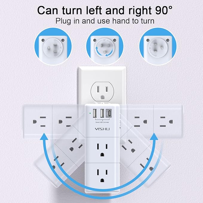 USB Multi Plug Outlet Extender - YISHU Surge Protector with Rotating Plug, 6 AC Plug Extender with 3 USB Ports, 3-Sided Swivel Power Strip Best Ideal Stocking Stuffers for Adults