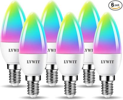 LVWIT Smart Light Bulb, WiFi Chandelier LED Bulb, E12 Base, 4.9W, 470Lm, 6Pk, Color Changing, Dimmable, Compatible with Alexa, Google Home, No Hub Required, B11, Warm White, 50000hrs Life