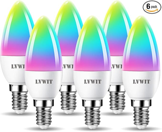 LVWIT Smart Light Bulb, WiFi Chandelier LED Bulb, E12 Base, 4.9W, 470Lm, 6Pk, Color Changing, Dimmable, Compatible with Alexa, Google Home, No Hub Required, B11, Warm White, 50000hrs Life